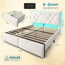 EnHomee LED Bed Frame With 2 Storage Drawers Velvet Upholstered Bed Frame With Charging Station And Adjustable Headboard Metal Platform Bed Frame,Beige - 米色 - 查看 10