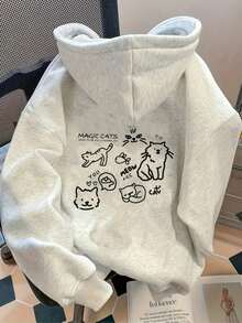 Mujer003 Sudadera de mujer Almacén local en México  invierno sudadera de manga larga cómoda suave Sudadera con capucha blanca y dibujos de gatos de dibujo animado, cómoda y trendy para lucir tu estilo - Gris - Ver 1