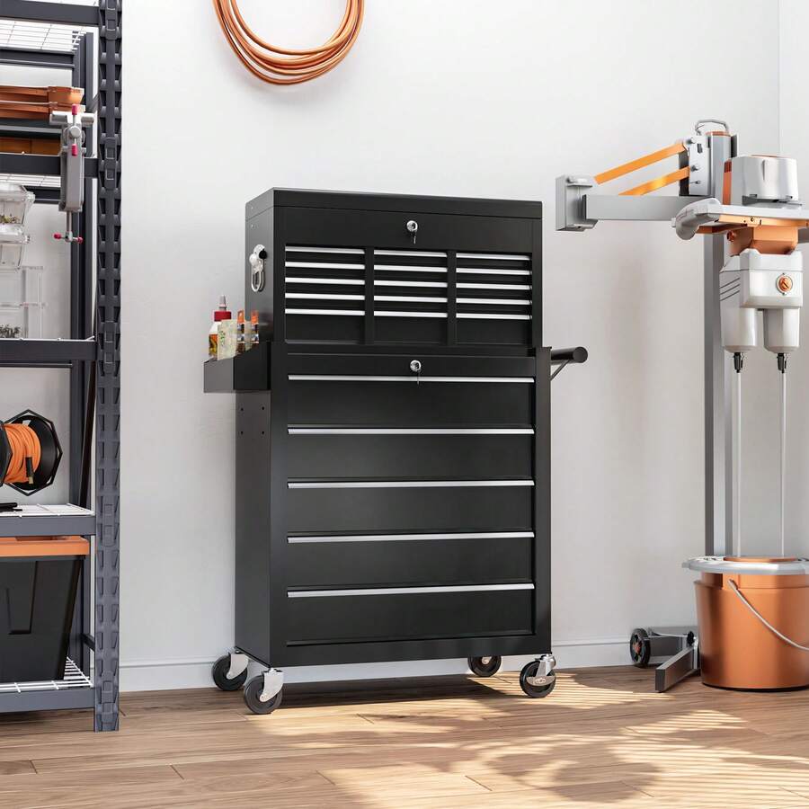 HOMCOM 2 In 1 Rolling Tool Cabinet On Wheels With 14 Drawers, Pegboard And Side Rack, Lockable Top Tool Chest And Roller Cabinet Combo For Workshop And Home, Black - 黑色 - 查看 1