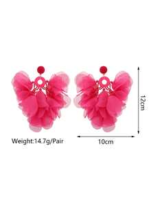 1 Pair Handmade Bright Pink Fabric Petal Tassel Earrings, Suitable For Women To Wear To Parties, Balls, Beach Vacations And Other Occasions