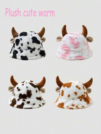 1 stuk zachte pluchen muts met koeienprint en hoorns voor dames, warme en schattige Koreaanse stijl, geschikt voor casual, feest en optredens, passend bij herfst-/winteroutfits