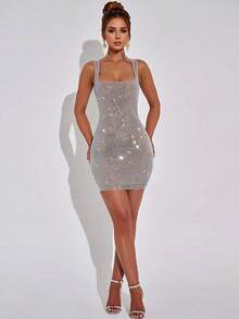 Fashion Sparkling Rhinestone Solid Color Halter Women's Sensual Backless Sleeveless Dress Birthday Party