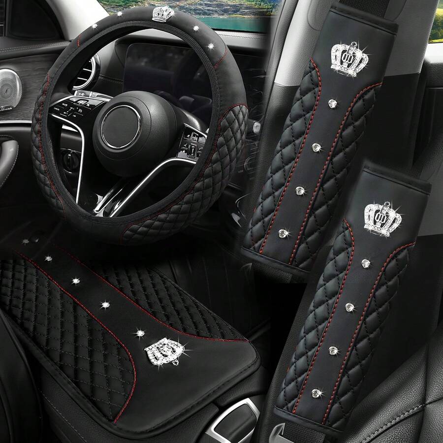 4 Stücke Krone Künstlicher Diamant Glitzer Mode PU Leder Rutschfeste Ohne Innenring Lenkradabdeckung Set Passend für 37-38CM Lenkrad Auto Zubehör