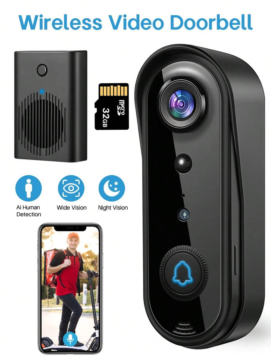 2K Wide Vision Security Video Doorbell Camera Wireless (Battery Powered) With Indoor Chime, 2K Night Vision, Smart Human Detection, Two-Way Audio, Free Cloud Storage And 32G Micro SD Card Storage, 2.4Ghz WiFi Only, Indoor/Outdoor Surveillance Cam - 黑色 - 查看 1