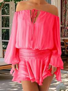 Women's Tube Top Mini Dress Fashionable Backless Strapless Long Sleeve Smocked Ruffled Dress - Hot Pink - View 5