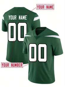 Camiseta de fútbol americano personalizada con nombre y número bordados para hombres, nueva camiseta de cuello en V verde de Nueva York con mangas cortas personalizada, adecuada para fiestas, partidos, entrenamiento, competición y otras ocasiones deportivas, personalización DIY, talla S-XXL - Verde - Ver 1