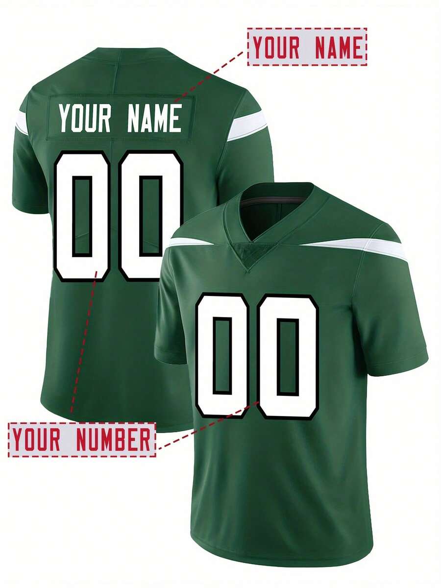 Camiseta de fútbol americano personalizada con nombre y número bordados para hombres, nueva camiseta de cuello en V verde de Nueva York con mangas cortas personalizada, adecuada para fiestas, partidos, entrenamiento, competición y otras ocasiones deportivas, personalización DIY, talla S-XXL - Verde - Ver 1