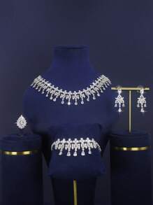 5pcs White Gold Plated Luxury Royal Style Tassel Leaf Design Bridal Wedding Jewelry Set, Handset White Cubic Zirconia, Including Necklace, Bracelet, Earrings, Ring, Suitable For Daily Wedding, Wedding Anniversary Gift (Gift Box Packaging) Included