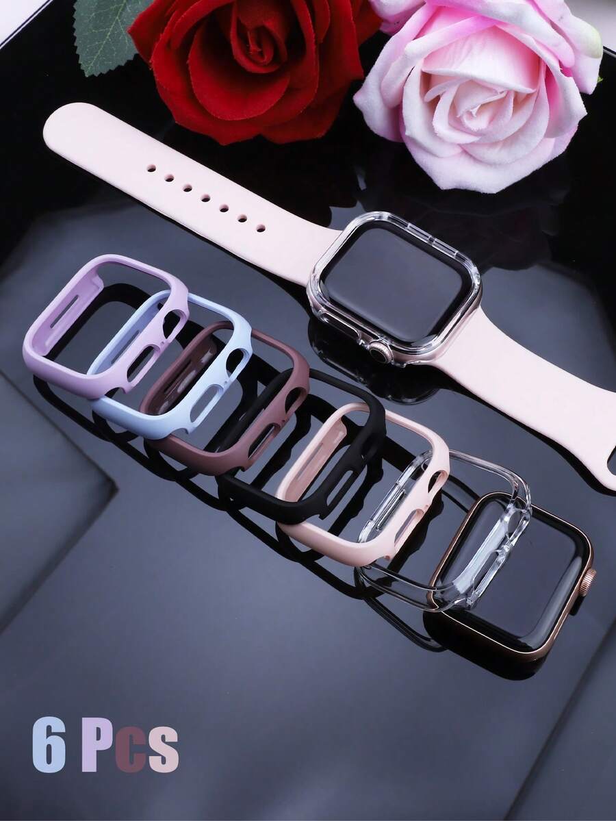 6pcs Watch Cases Compatible With Apple Watch For Men And Women 6 Color Combination Set, Simple, Stylish, Sporty, Drop-Proof, Anti-Collision Hard Pc Hollow Watch Case Compatible With Apple Watch 40/41/42/44/45/46/49mm Replacement Case Compatible With Apple Watch Series Ultra/11/10/9/8/7/6/5/4/Se Protective Case Sensitive To Touch, Easy To Wear, Protect The Watch From Damage - Transparent + Smoky Purple + Black + Pink + Lavender + Sky Blue - View 1