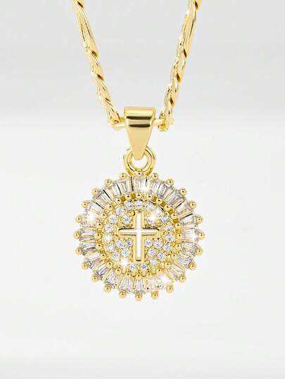  1件 2025 新款低过敏性铜锆石十字架吊坠项链，适合作为圣诞节/感恩节/母亲节/情人节礼物送给情侣/朋友/教会成员，也适合天主教徒初领圣体、日常佩戴和祈祷。