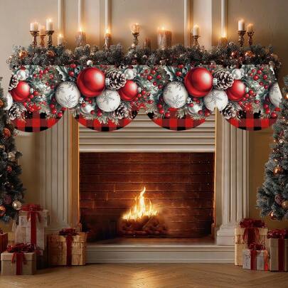 1 peça/72 peças de toalha de lareira estampada com sinos de Natal vermelhos e bolas de Natal de inverno, cachecol de manto, caminho de mesa, material de poliéster, presente de Natal, artigos para festas, adequado para lareira de sala de estar, decoração de mesa de jantar