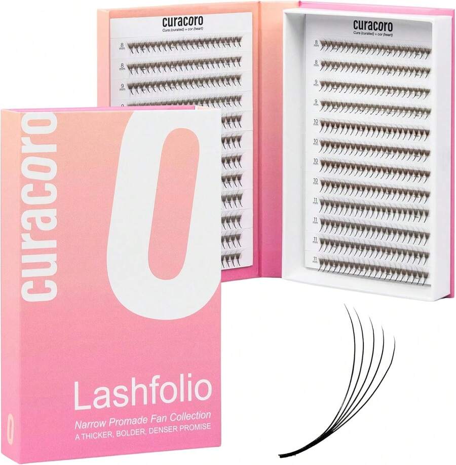 Curacoro LashFolio Narrow Promade Fans, Handmade Volume Eyelashes, 5D~10D, C CC D Curl, Thickness 0.03~0.07mm, 8-15mm Length, Professional Long-Lasting Promade Lash Fans (18D-0.03 D, 8mm-15mm)