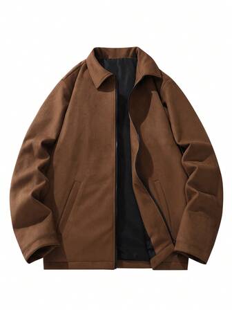 Men's Suedette Jacket, Thin Lapel Collar Casual Outerwear, Spring/Autumn Long Sleeve Fashionable Jacket, Winter