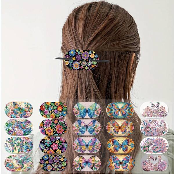 4 Stücke Diamant-Malerei Haarspangen Set - DIY Spezialform Diamant Kunst Haarspangen mit Blumen, Schmetterlingen, Schwänen & Libellen, handgemachte elegante Haarzubehör für Feste, Geschenke & täglichen Gebrauch