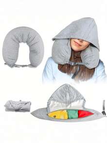 Travel Pillow Cover Stuffable With Clothes For Extra Luggage, Light Blocking 2-Way Hood, Neck Pillow For Airplane Long Flight, Super Lightweight, Gray,Multifunctional Detachable Airplane Outing Neck Support Pillow