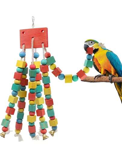 1 Stück bunter Holzperlen-Papageienspielzeug, Mittel/Groß Papageien Kau-Spielzeug, Lernspielzeug für Vögel, Vogelkäfig Zubehör, Papageienspielzeug (alle Zubehörfarben zufällig zusammengestellt)