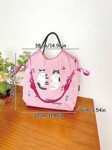 1 Stück große Kapazität rosa Nylon Leinwand Shopper Tasche mit Katzen Aufdruck, lässige vielseitige Cartoon Schulter Umhängetasche mit Riemen