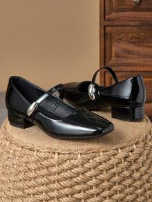 女士 3 厘米布面高跟时尚百搭白色玛丽珍鞋，适合所有季节 - 黑色 - 查看 4