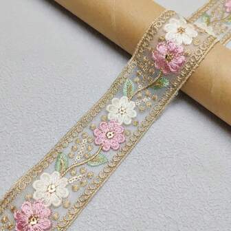 1 Yarda de Encaje con Lentejuelas Florales con Cinta de Satén para Coser, Adecuado para Vestido de Novia, Bolso DIY Manualidades - Para Principiantes y Sastres Accesorios Hechos a Mano