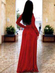 Vestido Largo Escote Cruzado con Abertura Frontal Elegante Manga Larga Entallado Corte Fluido Ajuste Favorecedor Estilo Femenino Casual y Elegante Ropa de Mujer Vestidos Largos - Rojo - Ver 4