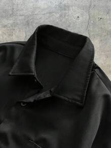 Men's Casual Loose Fit Short Sleeve Woven Black Shirt, Fashion Plain Urban Boxy Shirt, For Friends