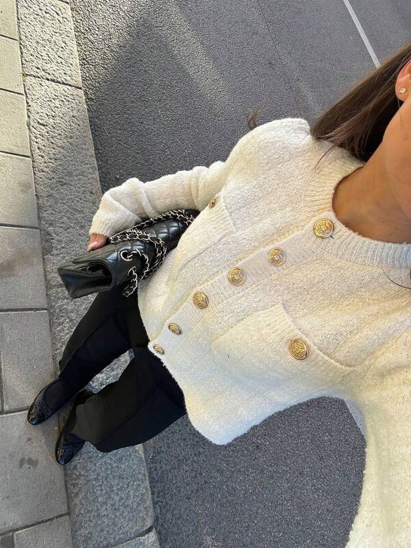 MORI Autumn And Winter Women's Fashion White Round Neck Long Sleeve Knitted Sweater With New Metal Button Pockets, Simple Cardigan, Versatile For Everyday Commuting And Casual Wear, Comfortable Warm Sweater Top For Christmas Coat New Years