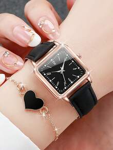 4pcs/Set Women's Fashion Casual Square Numeral Dial Quartz Watch Combo + Heart Bracelet Set (Watch Box Not Included) - Black and White - View 3