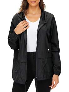 Packable Waterproof Lightweight Women's Rain Jackets With Hood Windbreaker - 黑色 - 查看 1