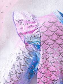 Young Girls Casual Cap Sleeve Asymmetrical Fish Scale Floral Print Bow Mesh Sequin Long Sleeve Dress