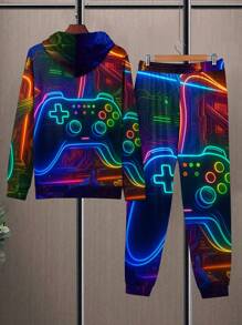 Men Plus Size Fashion 3D Print Hoodie And Sweatpants Set,Fall Clothes