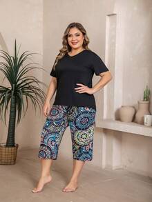 Plus Size Women 2pcs Short Sleeve Pajama Set, Purple Heart Pattern - Black - View 6