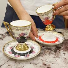 Ceramic Espresso Cup Saucer Set Christmas Gifts,100ml/ 3.38oz Luxury Floral Gold Border Pattern Pink Red Black,Cappuccino Latte Cup, Middle Eastern Tea Cup Latte Espresso And Plate Elegant Home Decor, Latte And Mocha, Suitable For Women's Birthday Parties