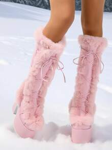 Women Knee High Boots Warm Faux Furry Chunky High Heel Platform Luxury Halloween Punk Goth Cosplay Fuzzy Snow Boots - 粉色 - 查看 2