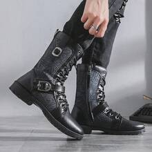 Men High-Top Leather Riding Boots - Black + Height Increasing Insole - View 7