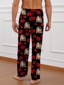 Pantalones de pijama personalizados para hombres con diseños únicos e interesantes como retratos, rostros de pareja, mascotas, dibujos animados y temas navideños, invierno - Negro - Ver 3