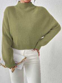 Women's Cute Short Sweater, Casual Lightweight & Comfortable Ribbed Knit Pullover - Olive Green - View 6
