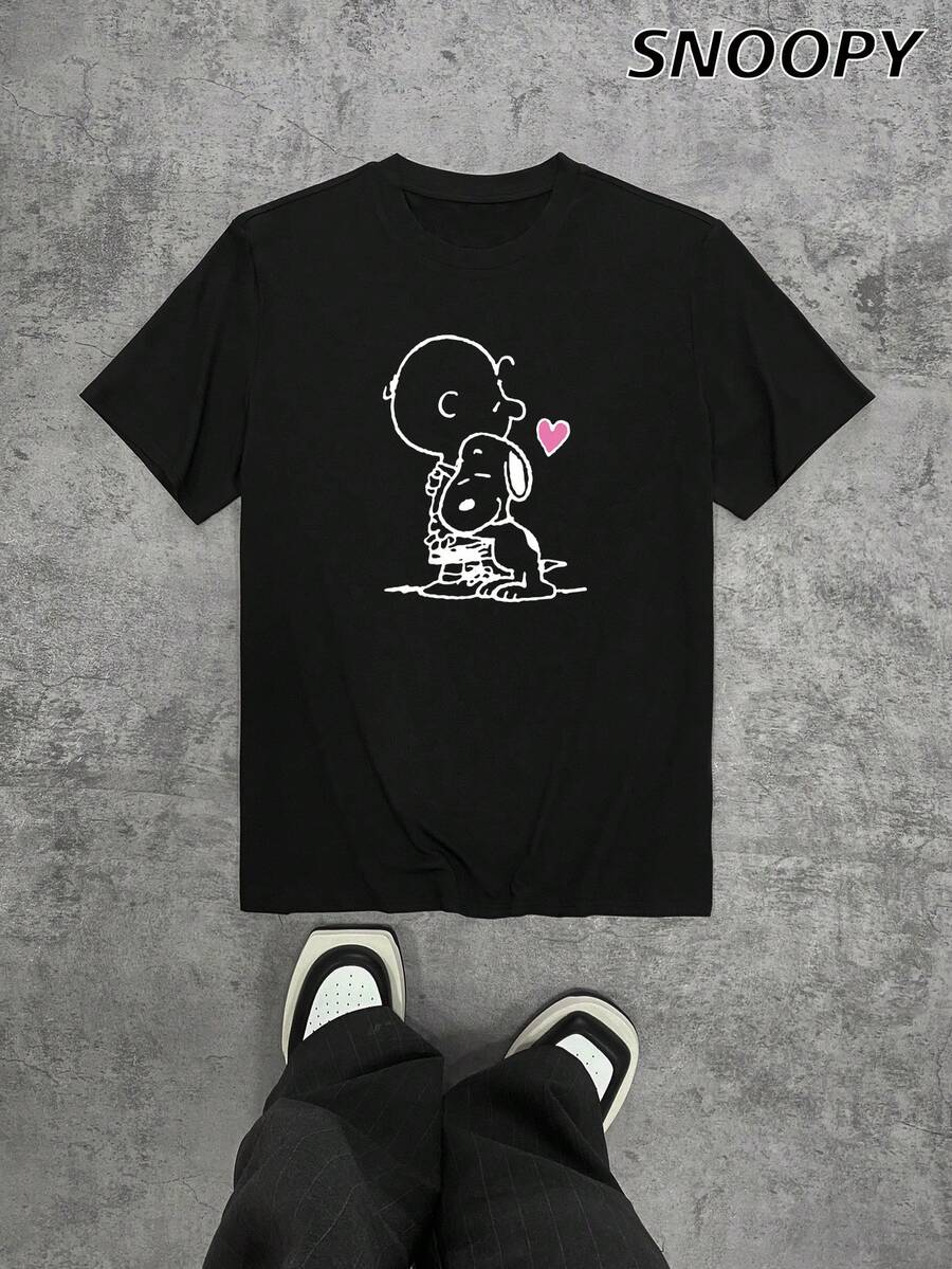 查理布朗抱抱男士短袖趣味印花舒适面料休闲宽松款 - 黑色 - 查看 1