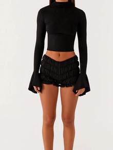 Women's Yoga Crop Tops Solid Color Long Sleeve Mock Neck Slim Fit Workout Casual T-Shirt Base Layer Spring Fall Shirts - 黑色 - 查看 4