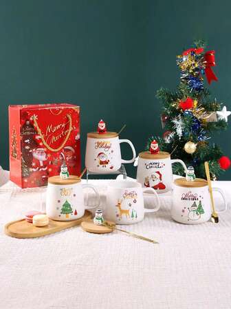 1pc Christmas Gift Box Mug Set With Lid & Spoon, Fashionable Minimalist Design, Versatile For Gift Or Personal Use