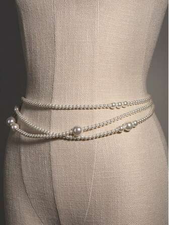 1pc Women's White Pearl Waist Chain, Decorative Dress Accessory, Cute & Sweet, Full Body Chain, Fashionable & Elegant Vintage Waist Belt, Suitable For Daily Use