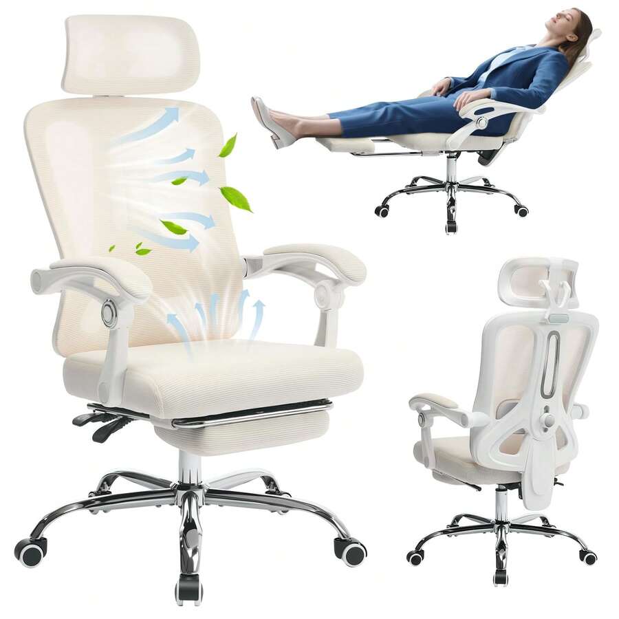Ergonomic High-Back Office Chair With Footrest And Headrest, Mesh Desk Chair With Adjustable Lumbar Support, Rolling Swivel Computer Chair For Home Office Or Gaming Room - White Double Mesh White Frame - View 1