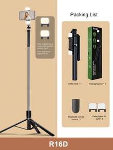 66.9英寸/170厘米蓝牙遥控合金自拍杆，带LED补光灯，适用于视频拍摄和生活记录，可伸缩，360°旋转，防抖，可折叠便携三脚架自拍杆