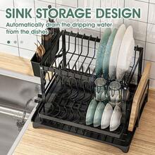 2 Tier Dish Drying Rack Plate Drainer Cutlery Holder Kitchen Organizer Storage-Foldable Dish Rack For Kitchen - Space Saving Black Utensil Holder - màu đen - Xem 5