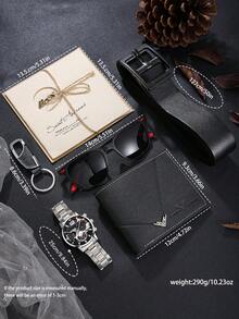 7 件男士经典时尚休闲百搭手表、钱包、皮带、太阳镜、钥匙扣、LED 灯、贺卡礼品套装，带礼盒，非常适合节日、生日、父亲节、日常配饰