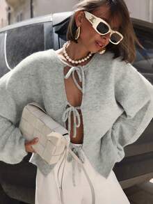 معطف نسائي كاجوال للعمل/المكتب بياقة مستديرة وأكمام طويلة وربطة عنق وكروشيه مزين بالدانتيل، جاكيت شتوية