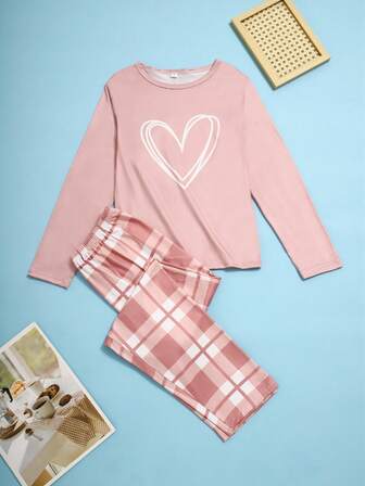 Pink Long Sleeve & Pants Heart Print Pajama Set For Big Girls