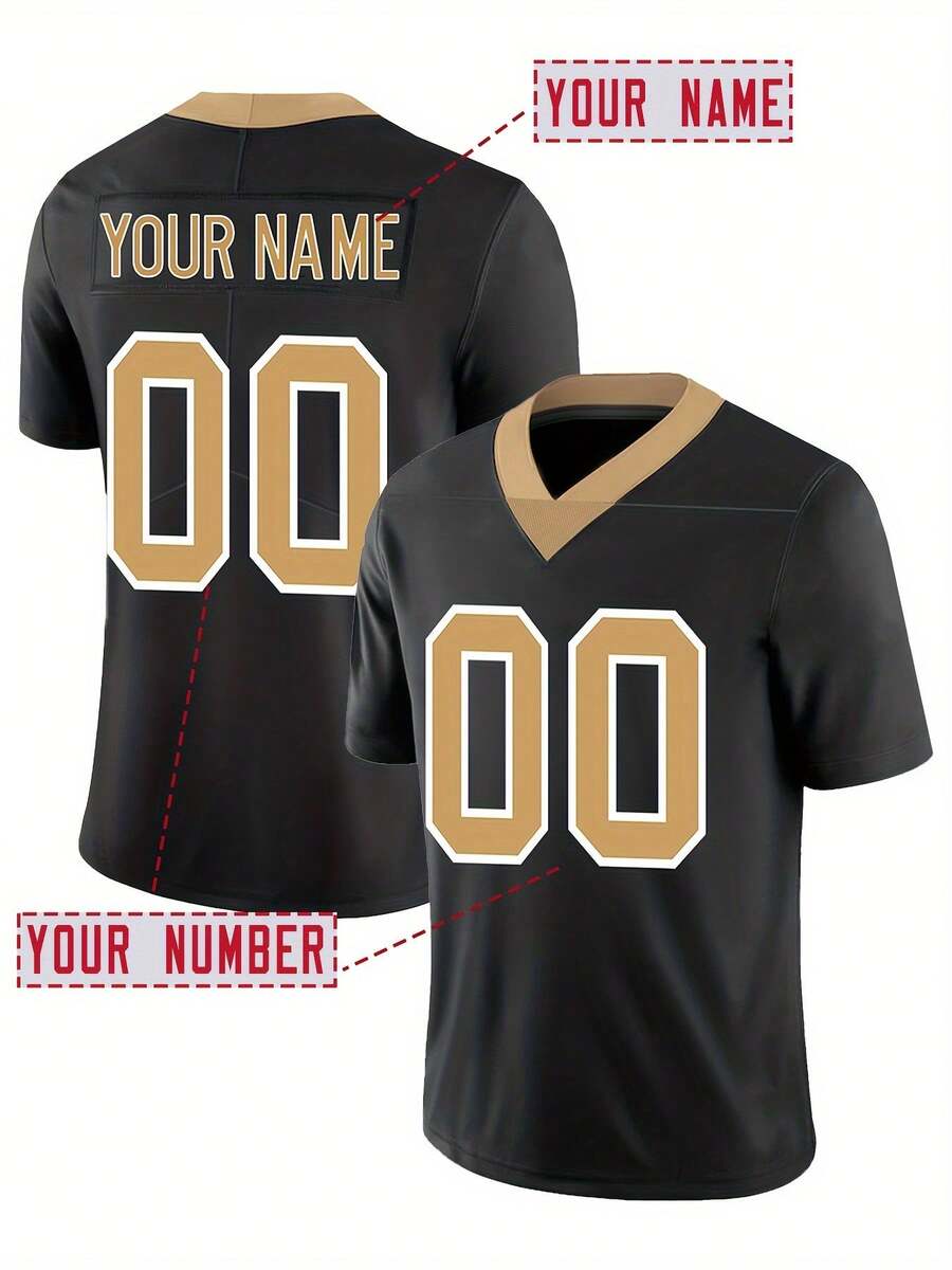 Personalisiertes Namen- und Nummern-Herren American Football Trikot, New Orleans Schwarz V-Ausschnitt, personalisiertes kurzärmeliges Shirt für Party, Spiel, Training, Wettkampf, Sport, Selbstgestaltung, S-XXL