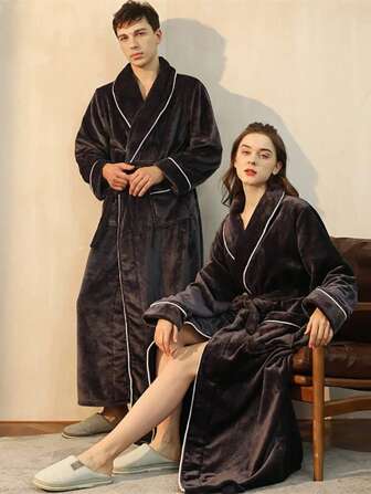 1 st vinter-vår tjock version herr- och dambadrock, enfärgad enkel lång modell med fickor, lämplig som Halloween-/alla hjärtans dag-presenter, förtjockad, flanell, varm vinterdekoration