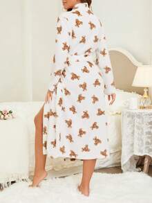 1pc Women's Brown Bear Print Fluffy Robe, Elegant & Fashionable, Thick & Warm For Autumn/Winter, Comfortable For Outdoor, Vacation, And Home Wear, Fall Winter, Cozy - Multicolor - View 3