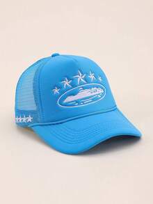 1pc American Devil's Island Truck Cap, Summer Embroidery Sun Protection Baseball Cap, Streetwear Mesh Snapback Hat, Outdoor Sports